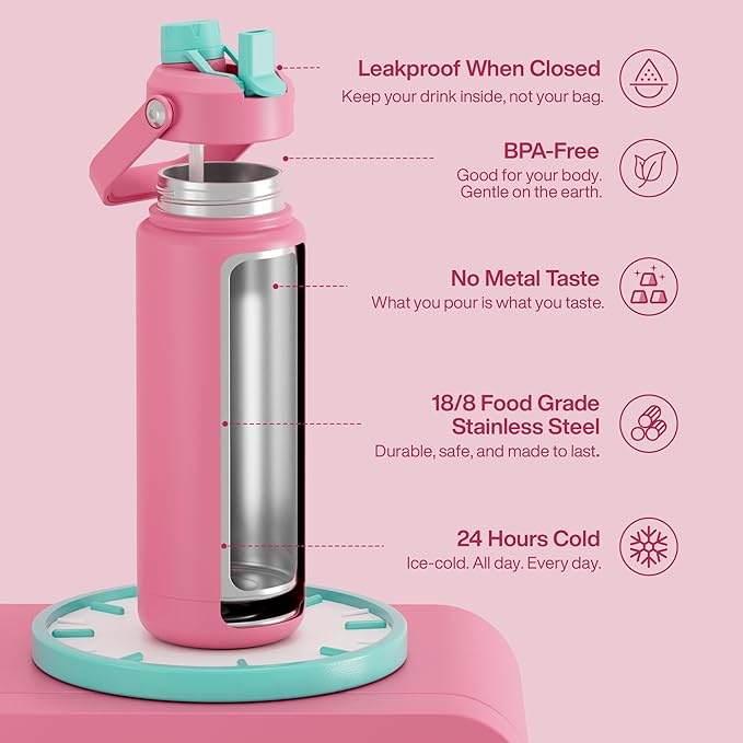 Double-wall vacuum insulated water bottle with straw